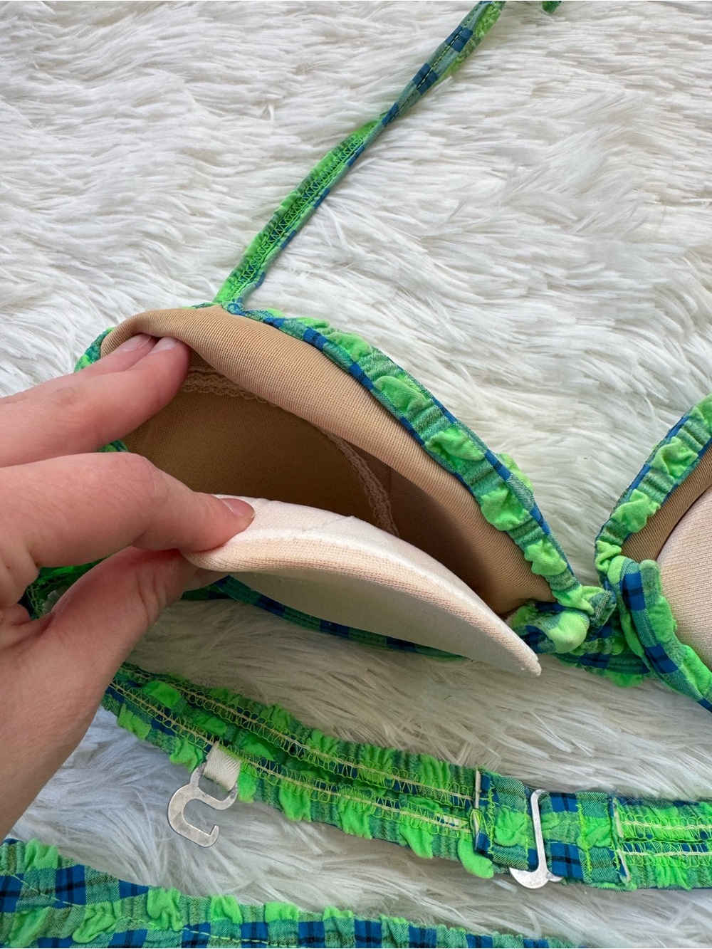 Vintage 90s Jantzen green blue gingham crinkle high cut bikini set medium - Picture 11 of 12